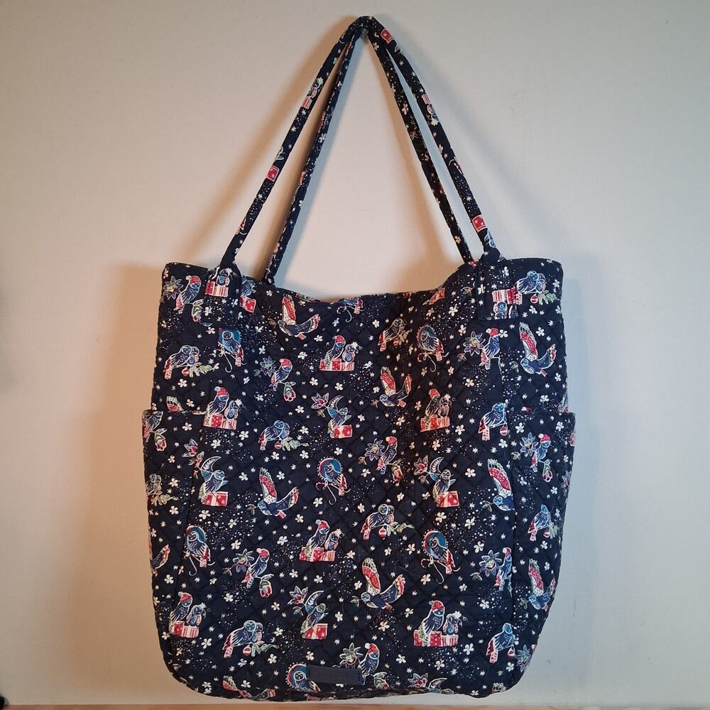 Vera Bradley Christmas Tote Large Quilted Blue Bag Owls Holiday Navy Blue